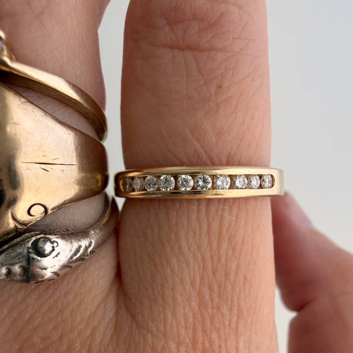 V I N T A G E // decadent sparkle / 14k yellow gold and 10 channel set diamond half eternity band / size 6.75
