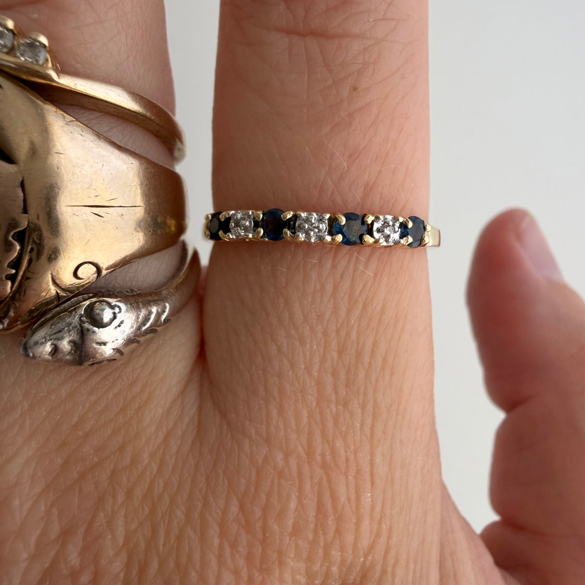 V I N T A G E // diverse blues / 10k half eternity band with topaz and diamonds / size 7.25