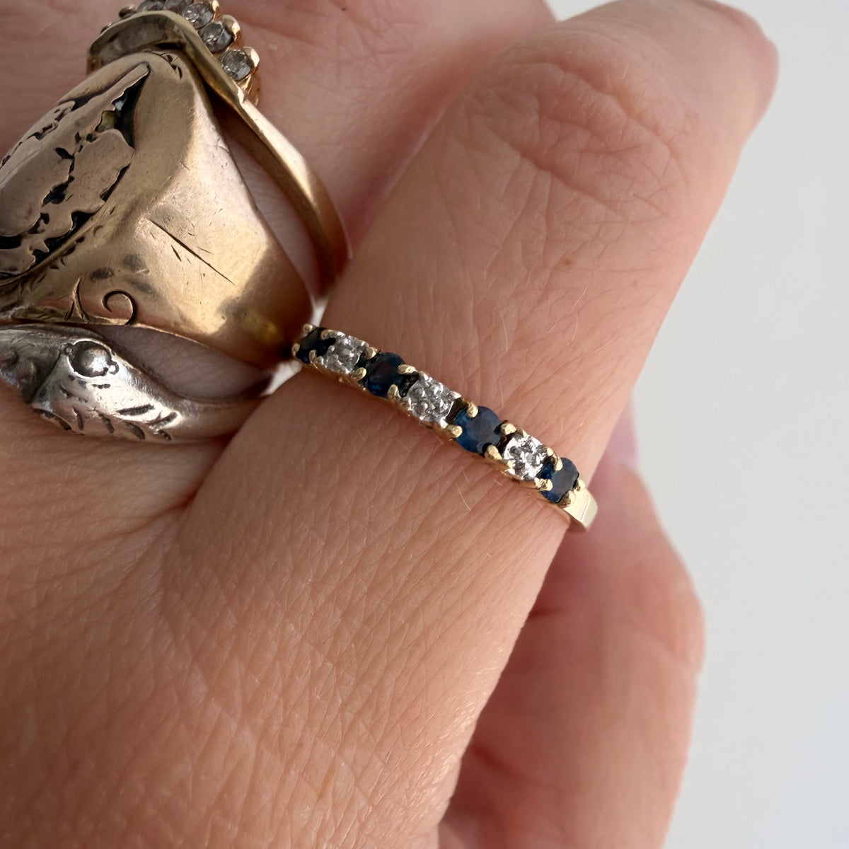 V I N T A G E // diverse blues / 10k half eternity band with topaz and diamonds / size 7.25