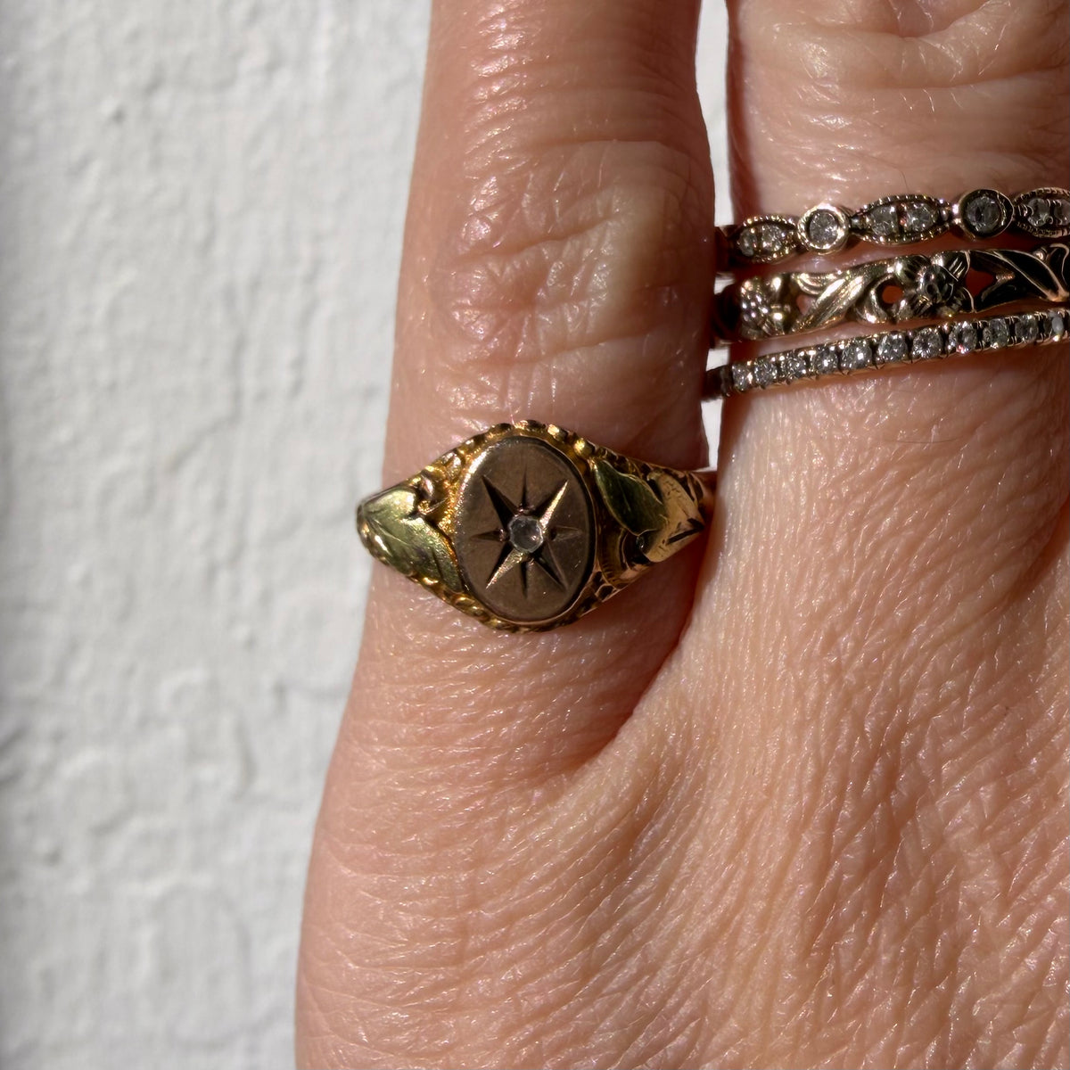 A N T I Q U E // starry signet / 10k and diamond victorian starburst signet / size 4.5+