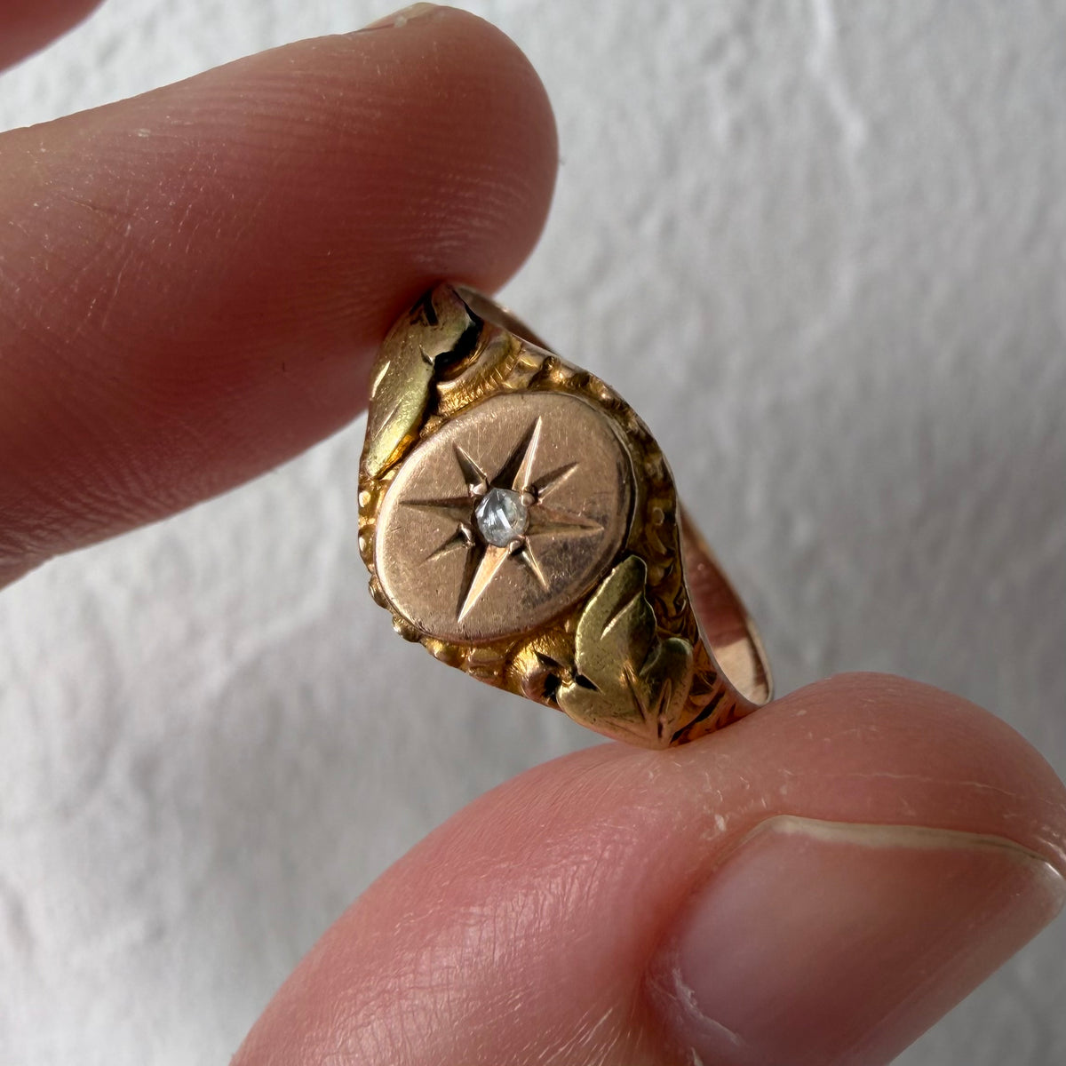 A N T I Q U E // starry signet / 10k and diamond victorian starburst signet / size 4.5+