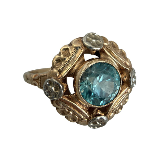 V I N T A G E // retro garden / retro 1940s bicolor 10k + blue topaz floral solitaire ring / size 6.25