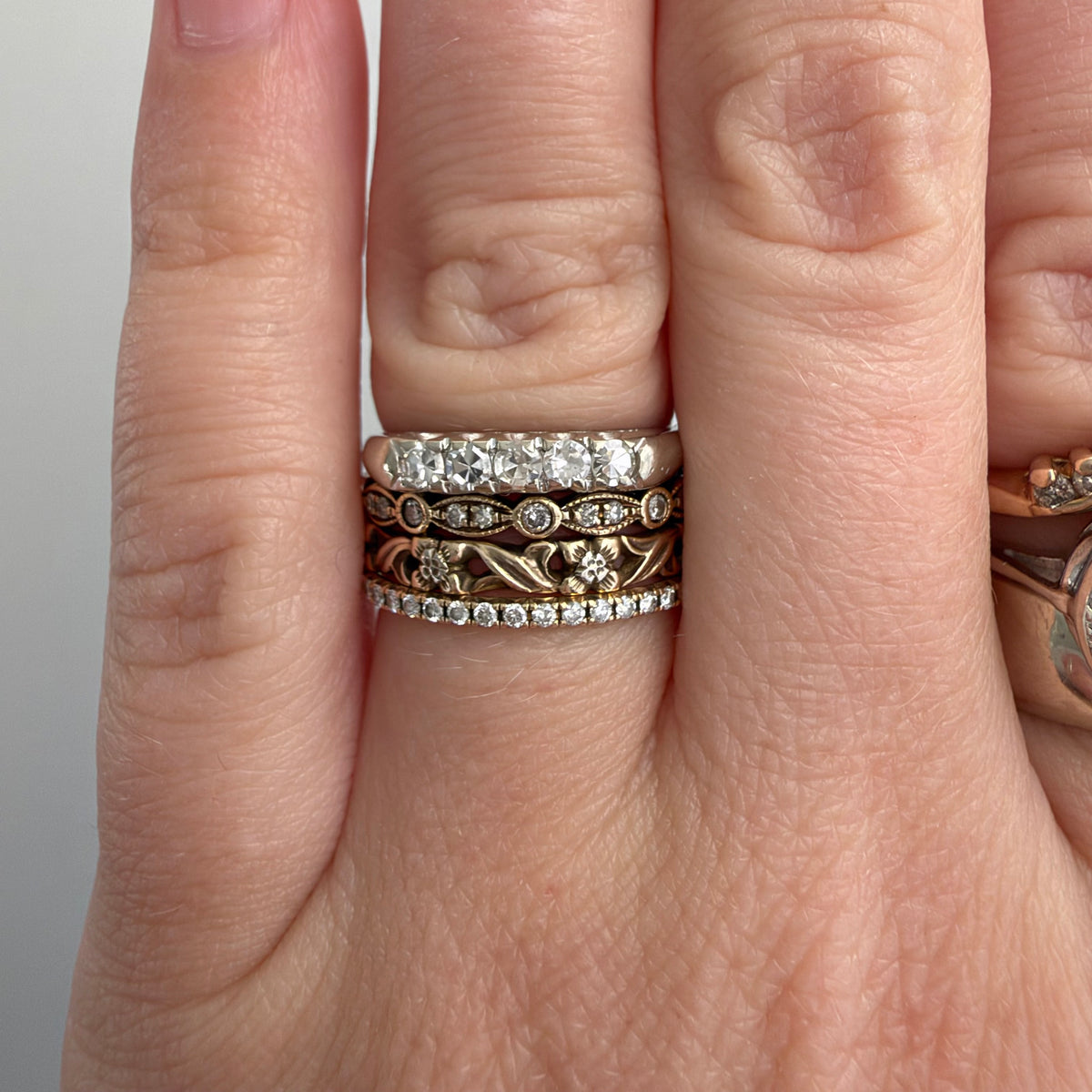 V I N T A G E // mid century sparkle / 14k white gold five diamond band / size 4.75+