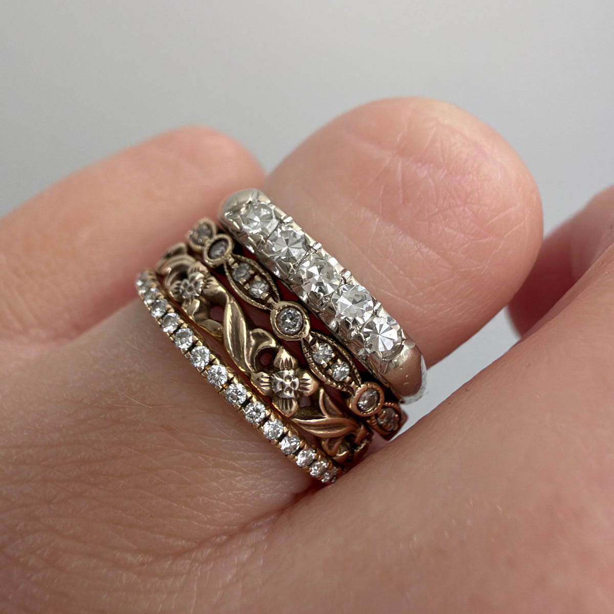 V I N T A G E // mid century sparkle / 14k white gold five diamond band / size 4.75+