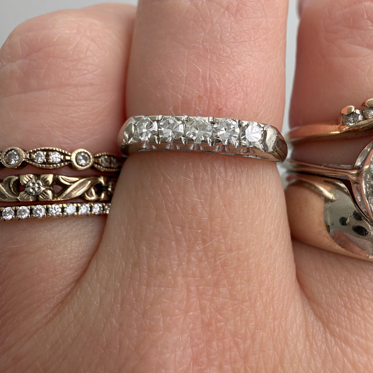 V I N T A G E // mid century sparkle / 14k white gold five diamond band / size 4.75+