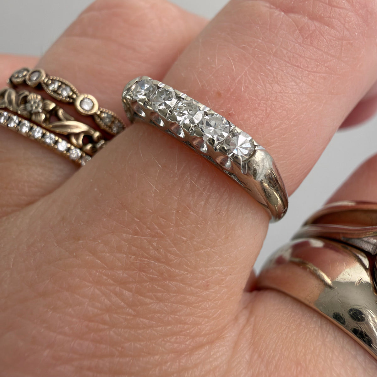 V I N T A G E // mid century sparkle / 14k white gold five diamond band / size 4.75+