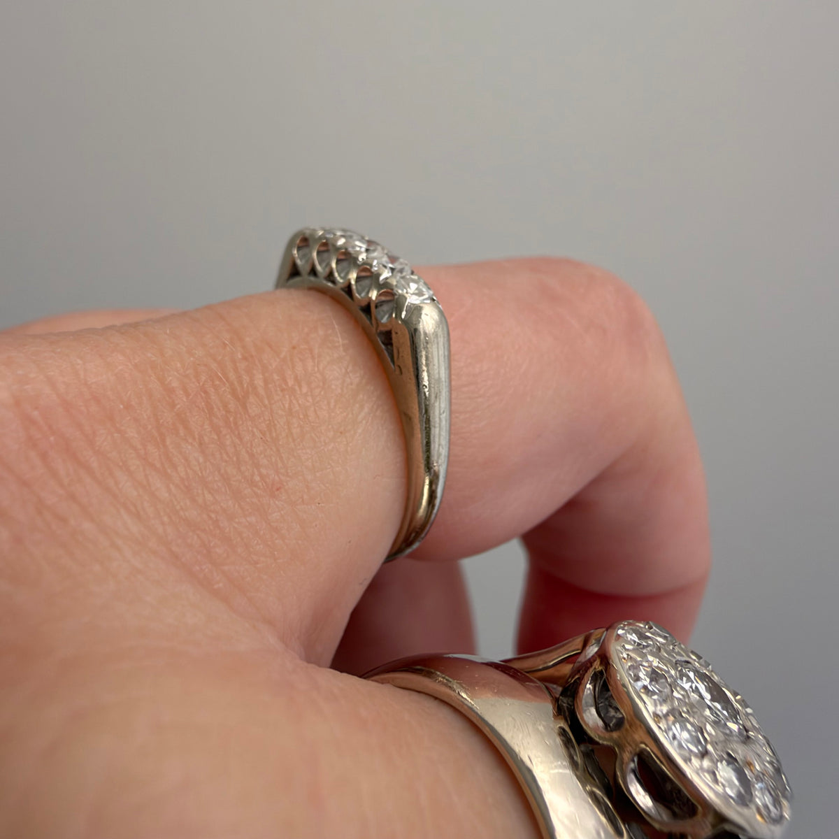 V I N T A G E // mid century sparkle / 14k white gold five diamond band / size 4.75+