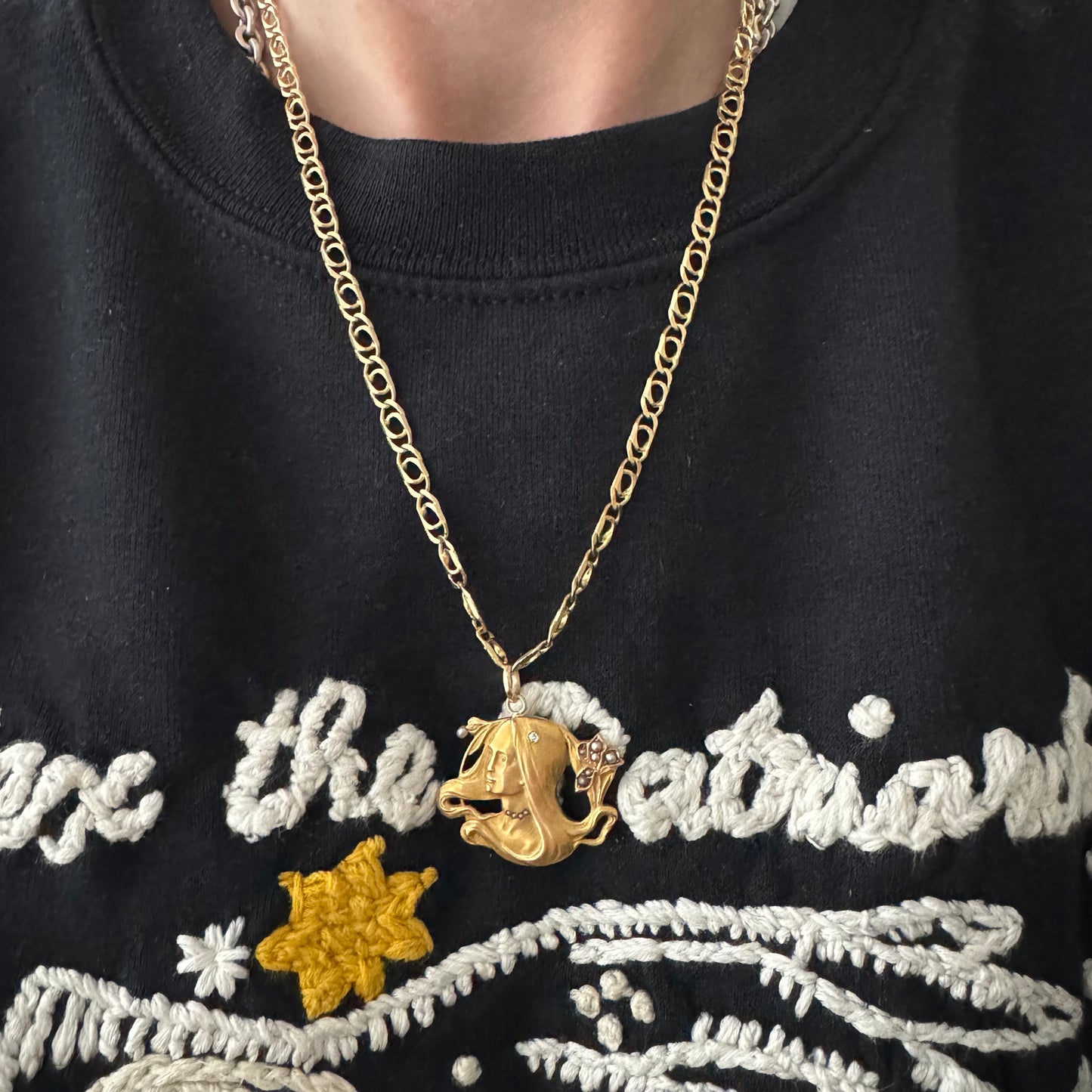 V I N T A G E // flower goddess / 14k gold goddess pendant with pearls and a diamond / a pendant