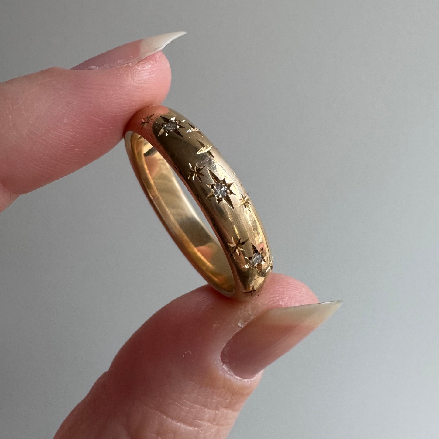 reimagined V I N T A G E // star story / 14k donut band with three new star-set diamonds and engraved starbursts / size 11 to 11.5
