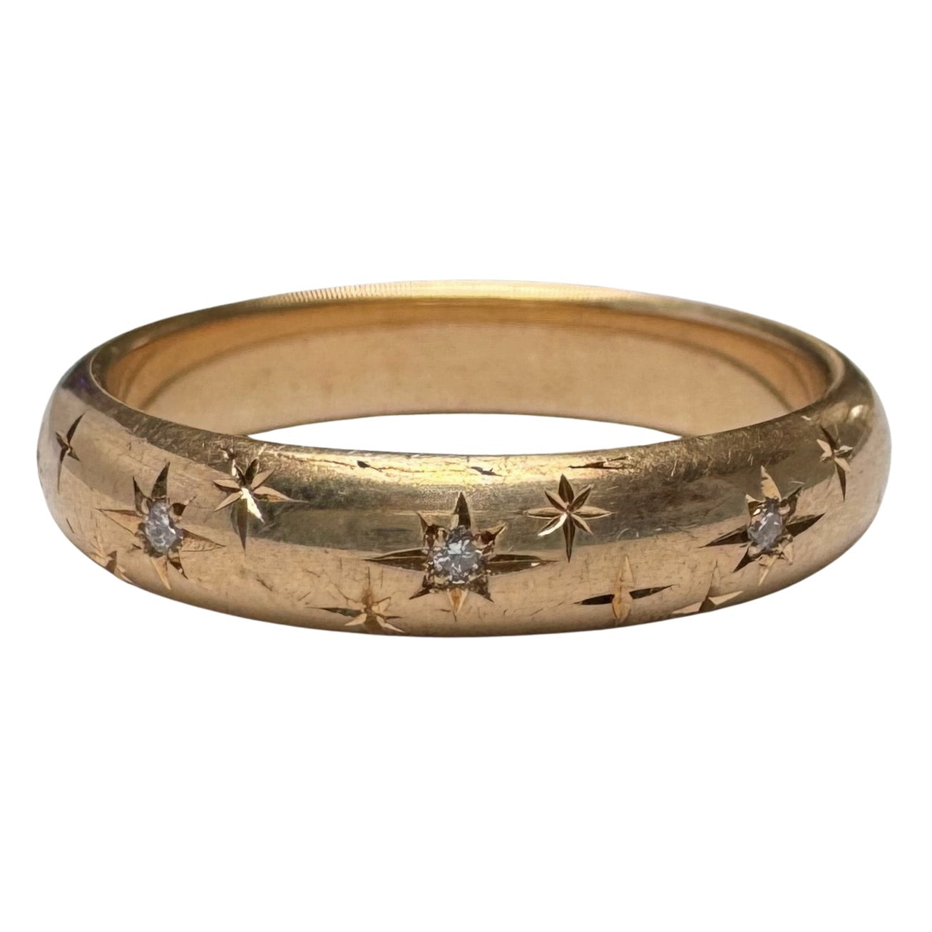 reimagined V I N T A G E // star story / 14k donut band with three new star-set diamonds and engraved starbursts / size 11 to 11.5