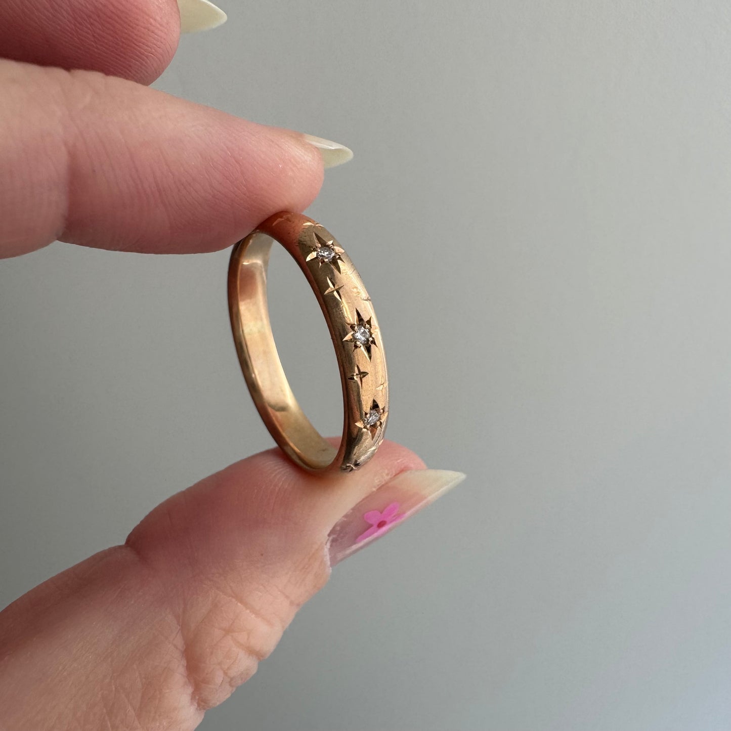 reimagined A N T I Q U E // star story / 14k donut band with three new star-set diamonds and engraved starbursts / size 10