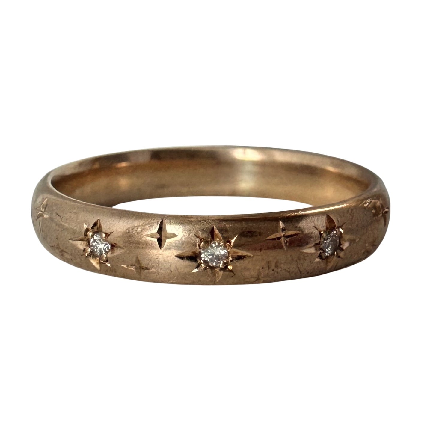 reimagined A N T I Q U E // star story / 14k donut band with three new star-set diamonds and engraved starbursts / size 10