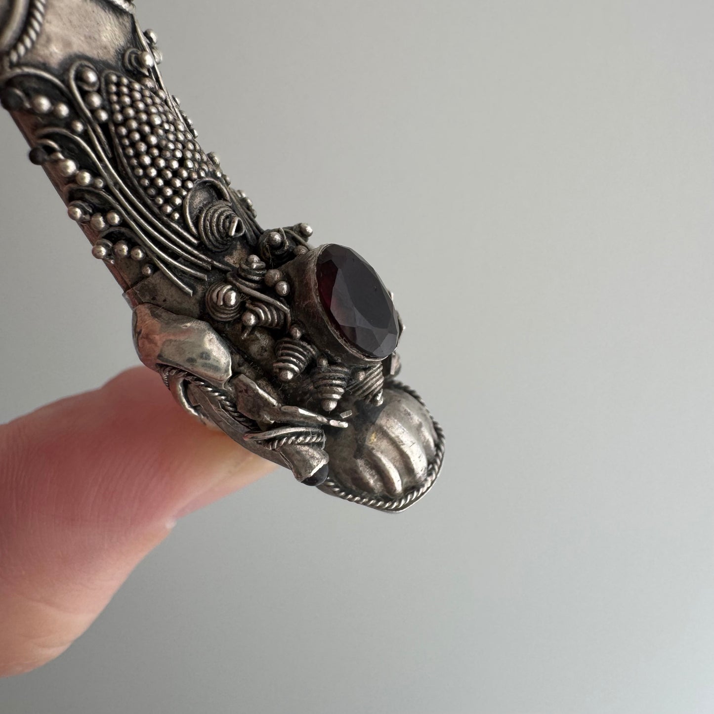V I N T A G E // blowing smoke / sterling silver and garnet dragon / a functional pendant