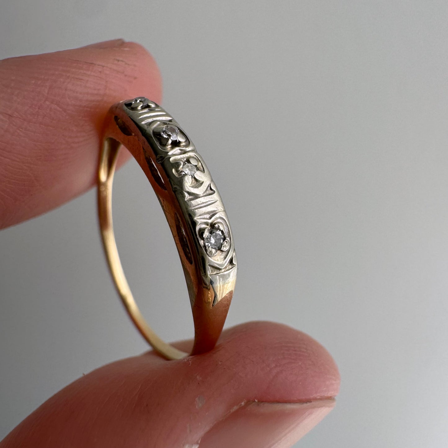 V I N T A G E // peculiar petals/ 14k yellow and white gold late art deco diamond band / size 6
