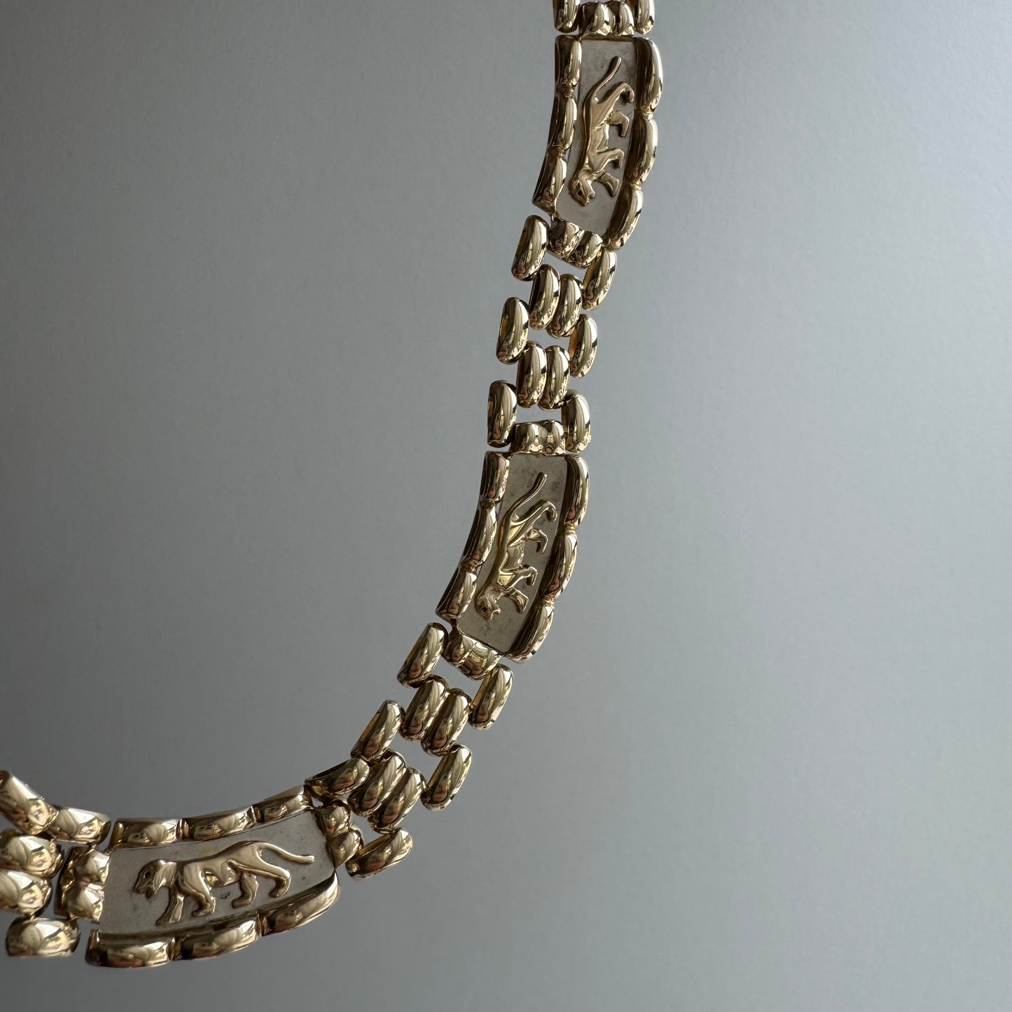 V I N T A G E // gentle strength / 14k panther link panther panel necklace / 18.25", 56.7g