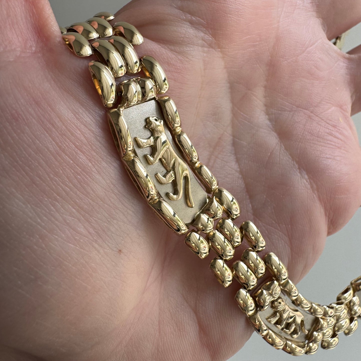 V I N T A G E // gentle strength / 14k panther link panther panel necklace / 18.25", 56.7g
