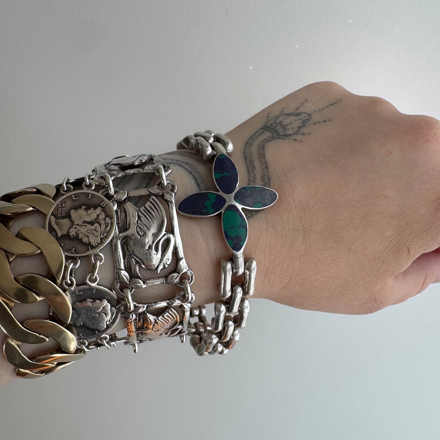 V I N T A G E // azurmalachite bloom / 950 silver flower and link bracelet / 7 3/8", 40.3g