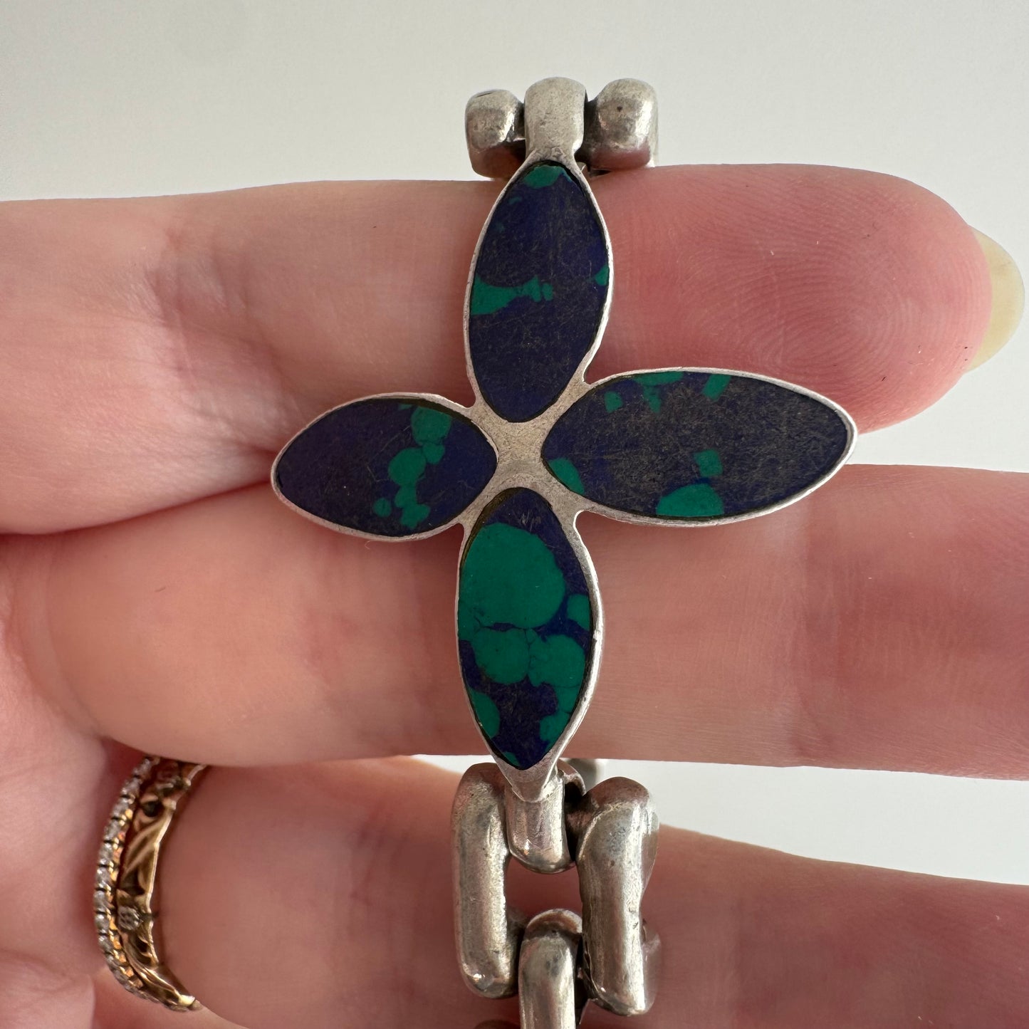 V I N T A G E // azurmalachite bloom / 950 silver flower and link bracelet / 7 3/8", 40.3g