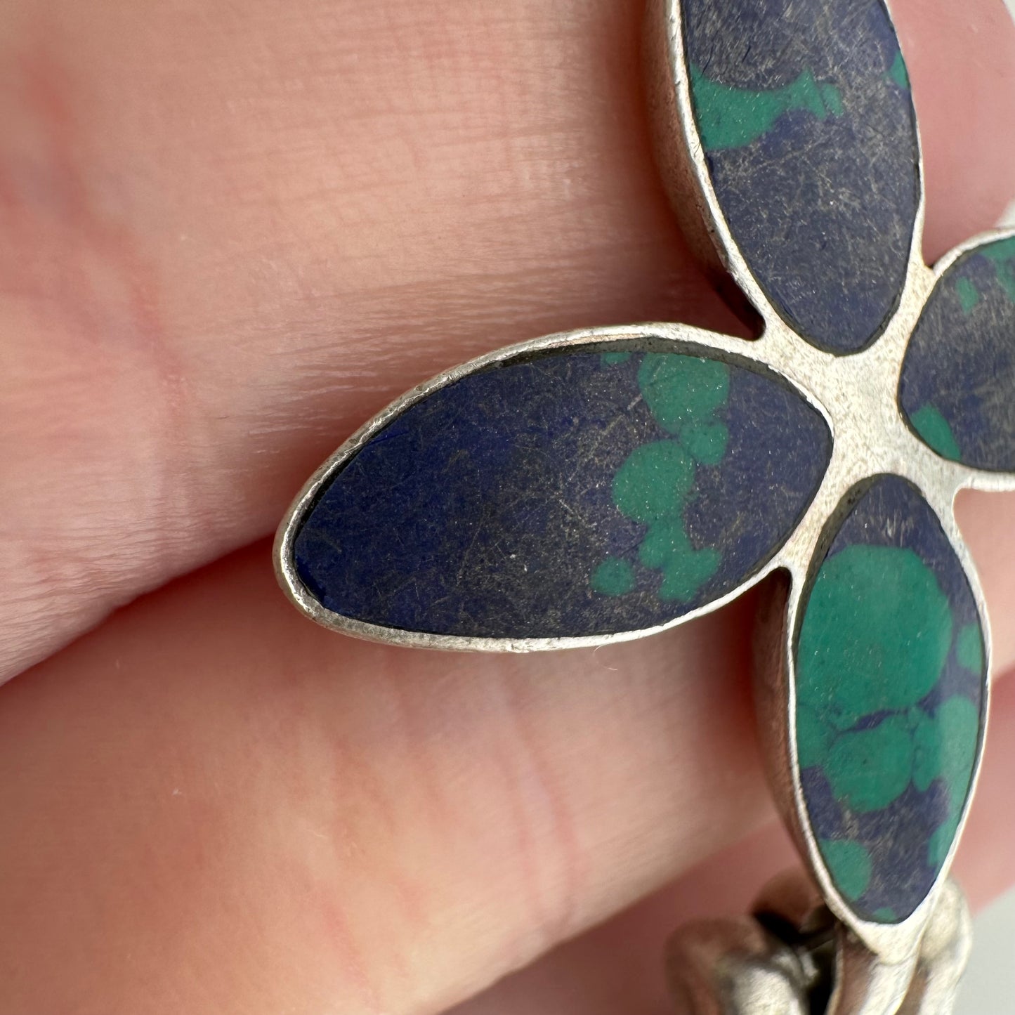 V I N T A G E // azurmalachite bloom / 950 silver flower and link bracelet / 7 3/8", 40.3g