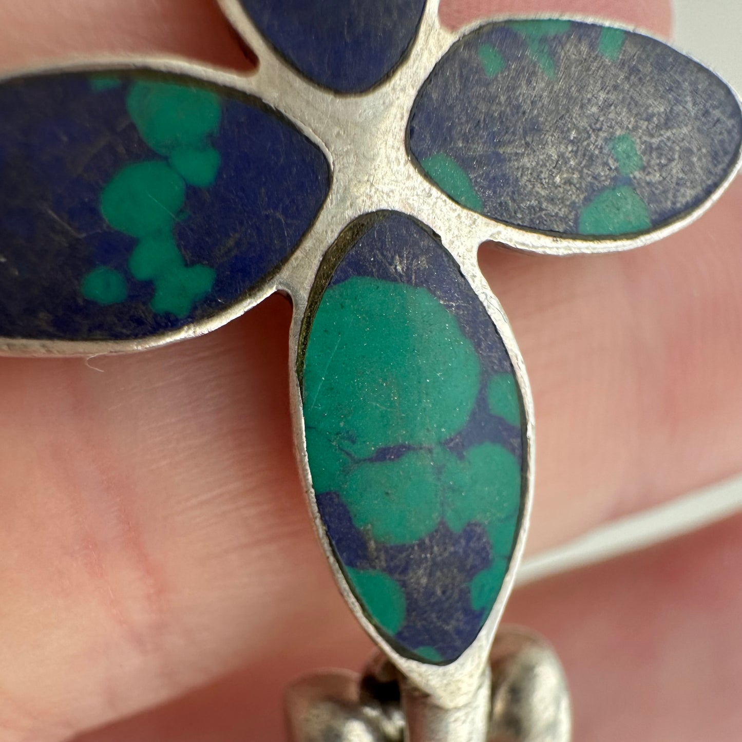 V I N T A G E // azurmalachite bloom / 950 silver flower and link bracelet / 7 3/8", 40.3g