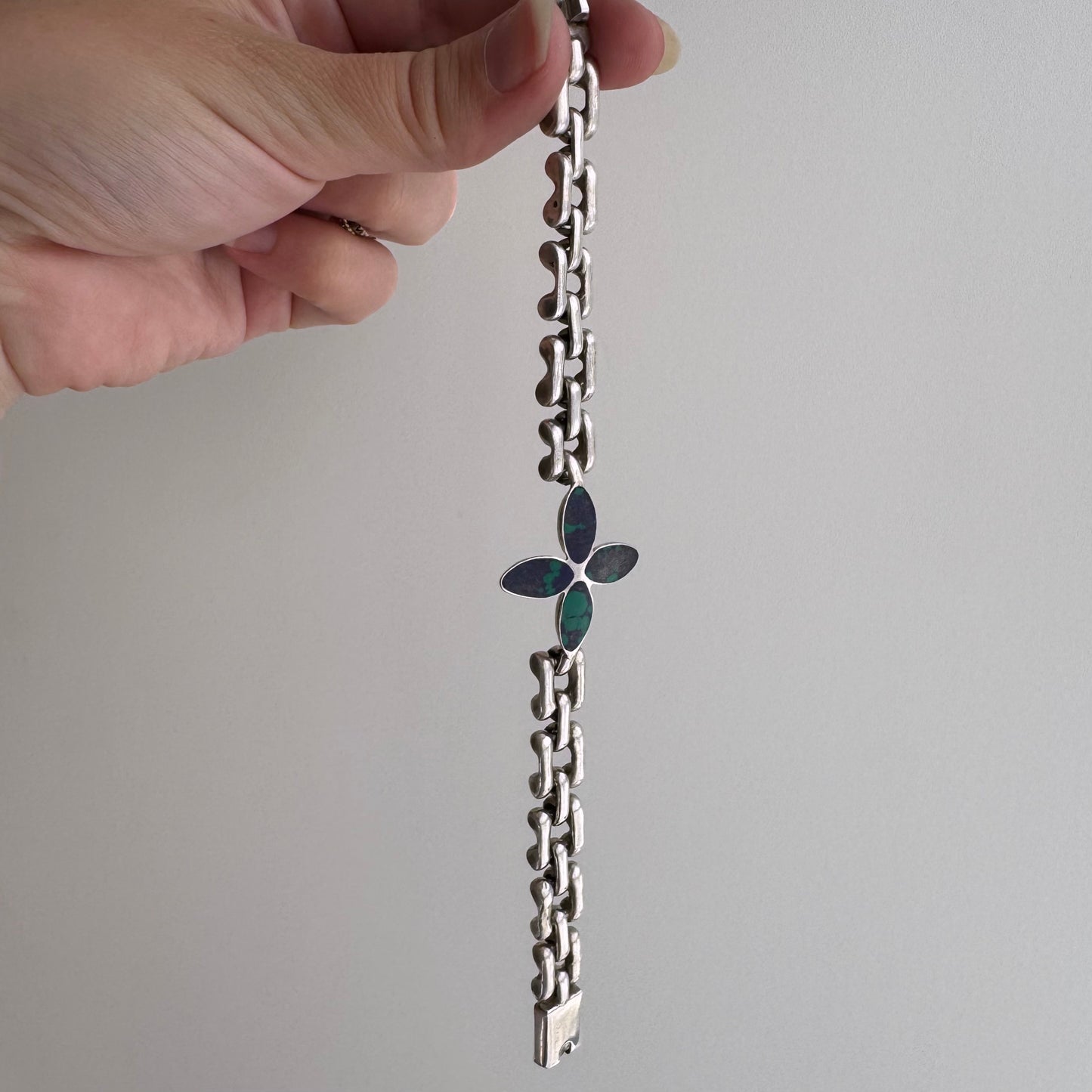 V I N T A G E // azurmalachite bloom / 950 silver flower and link bracelet / 7 3/8", 40.3g
