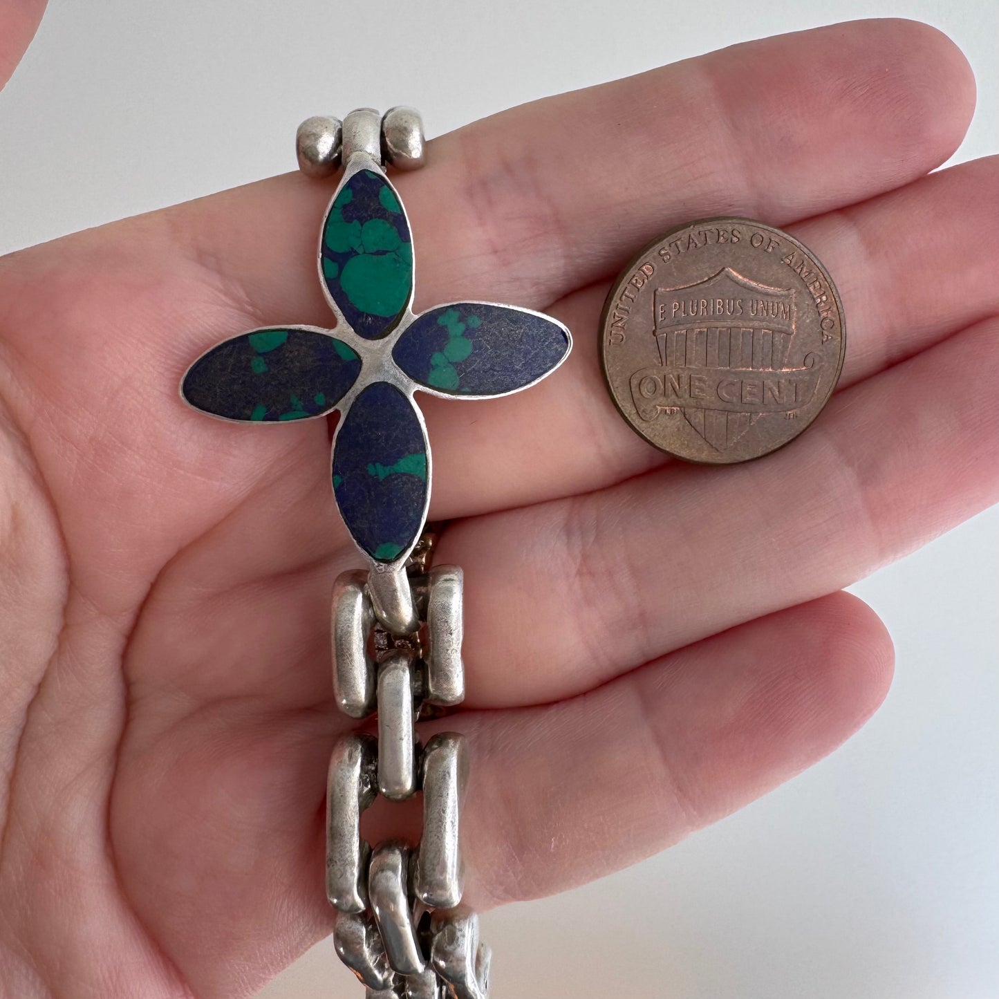 V I N T A G E // azurmalachite bloom / 950 silver flower and link bracelet / 7 3/8", 40.3g