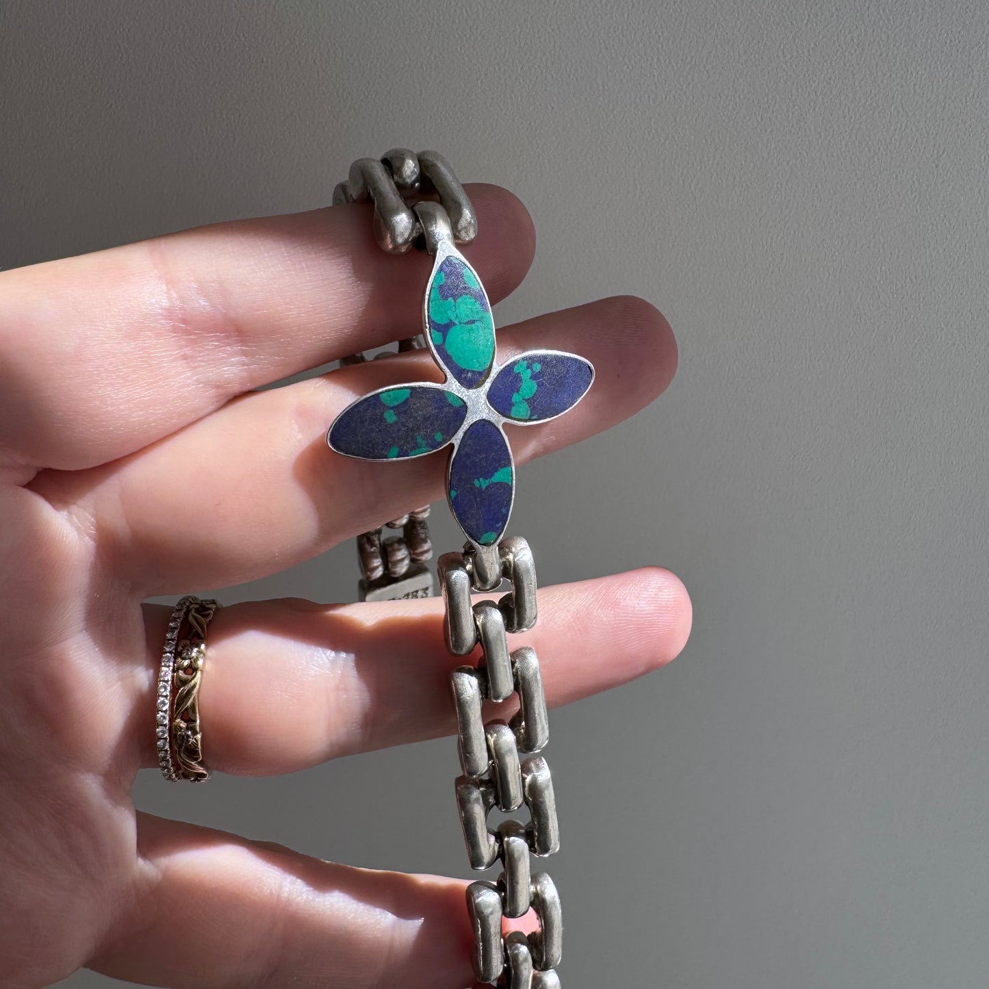 V I N T A G E // azurmalachite bloom / 950 silver flower and link bracelet / 7 3/8", 40.3g