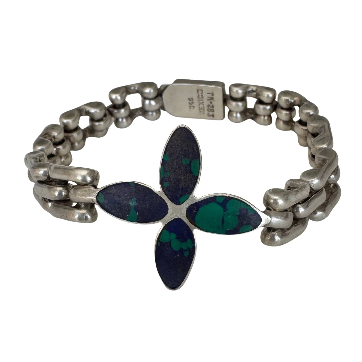 V I N T A G E // azurmalachite bloom / 950 silver flower and link bracelet / 7 3/8", 40.3g
