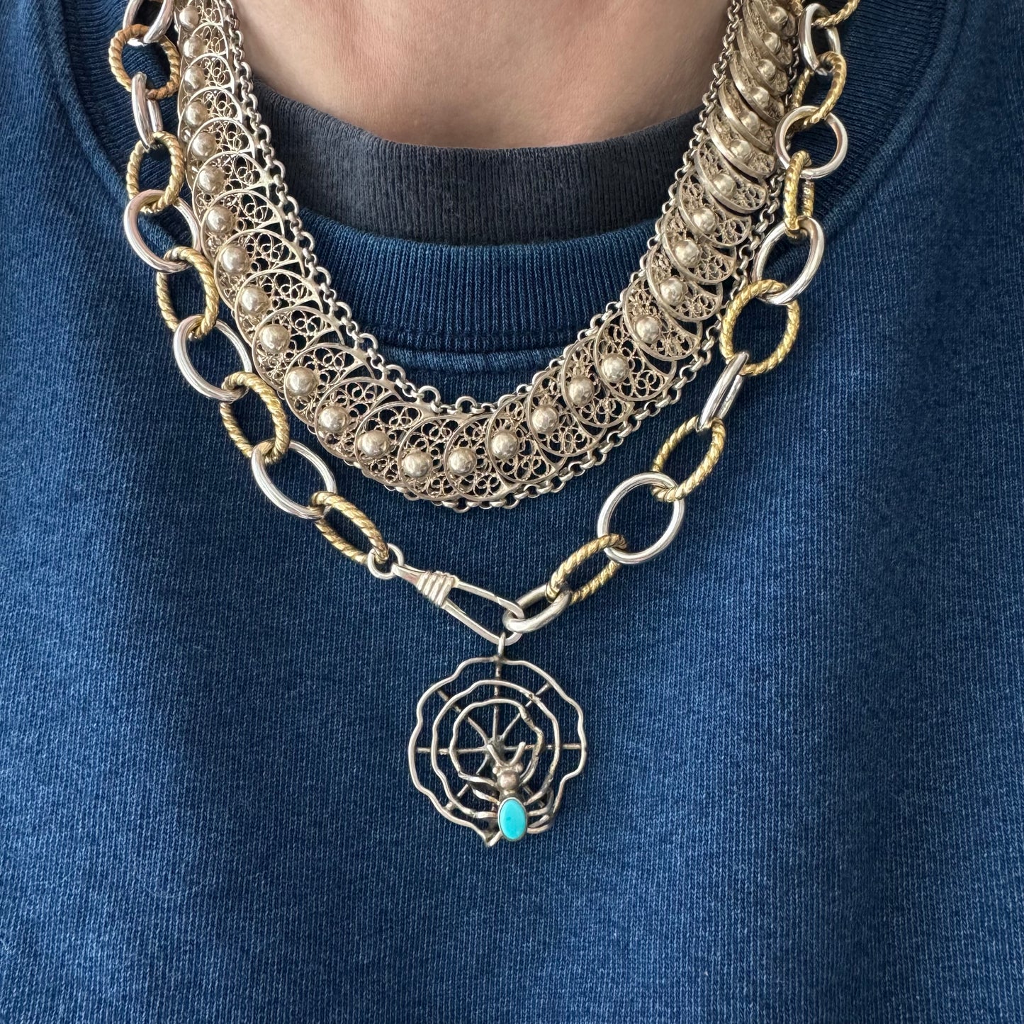 V I N T A G E // many many moons / eastern European 835 silver crescent moon filigree link flat chain necklace / 16.75", 54g