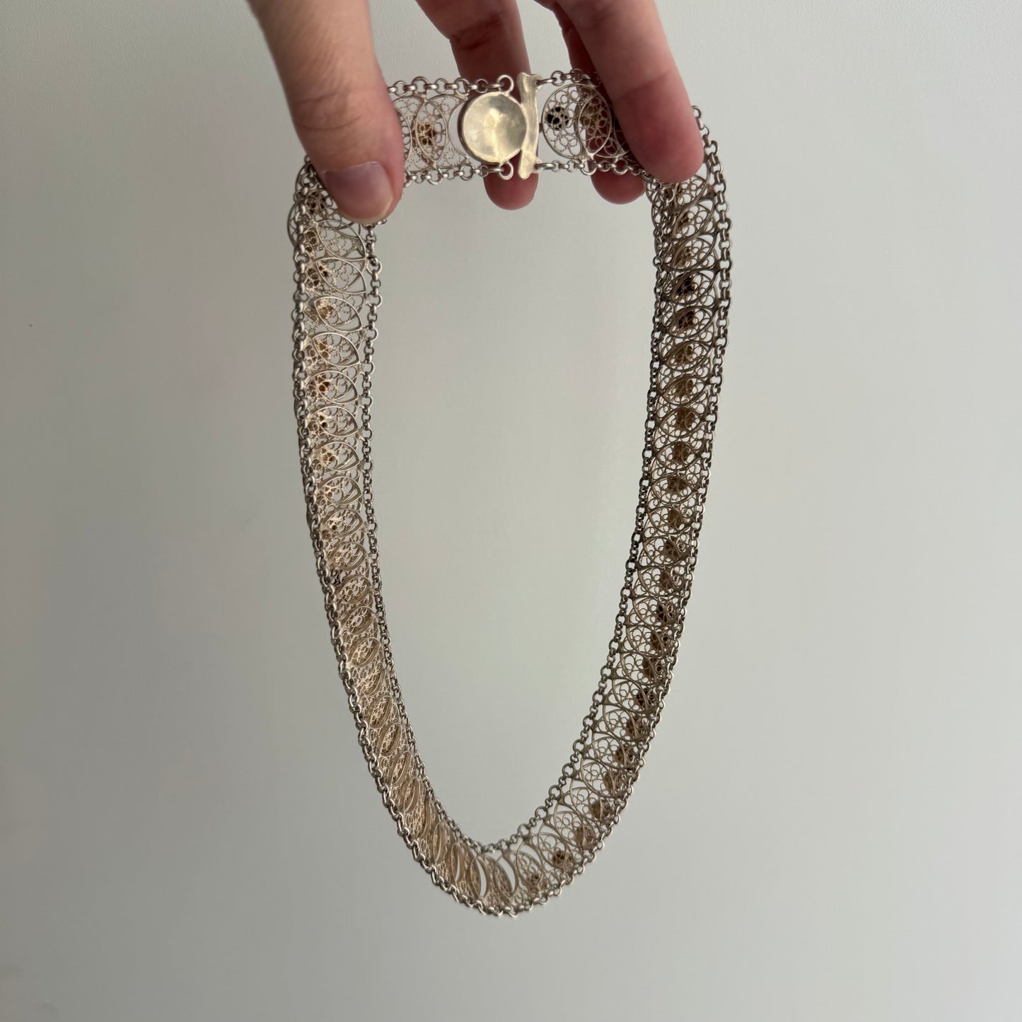V I N T A G E // many many moons / eastern European 835 silver crescent moon filigree link flat chain necklace / 16.75", 54g