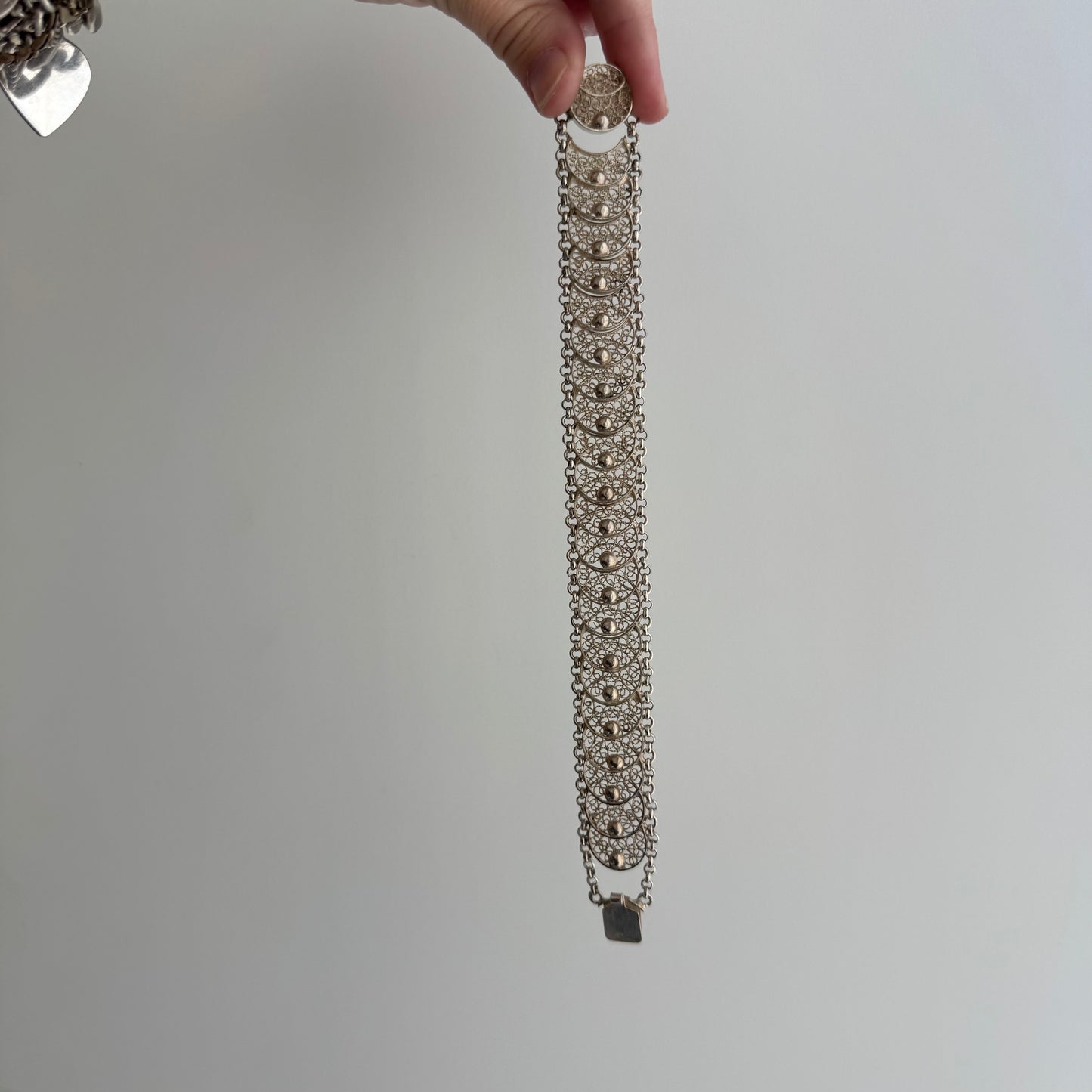 V I N T A G E // many many moons / eastern European 835 silver crescent moon filigree link flat chain bracelet / 7.75", 25g