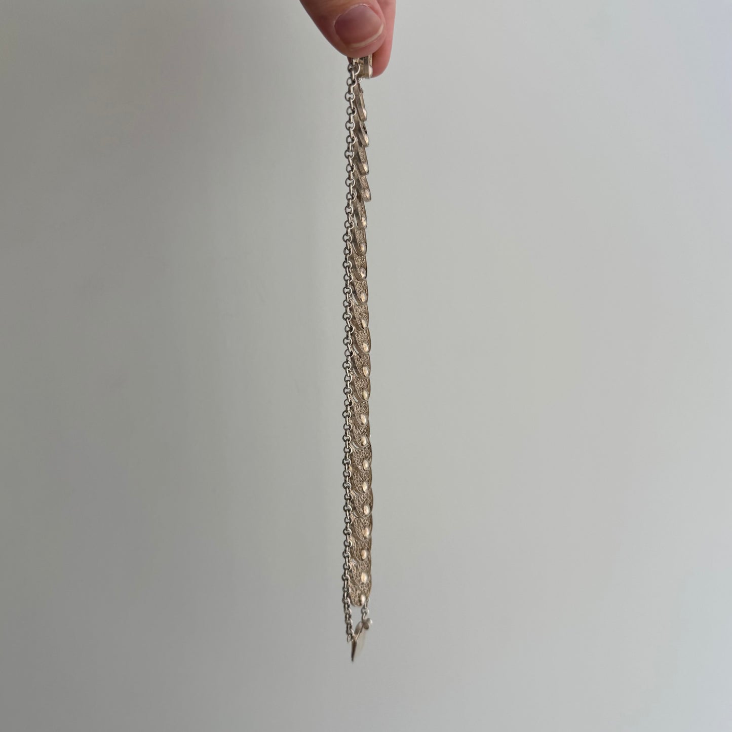 V I N T A G E // many many moons / eastern European 835 silver crescent moon filigree link flat chain bracelet / 7.75", 25g