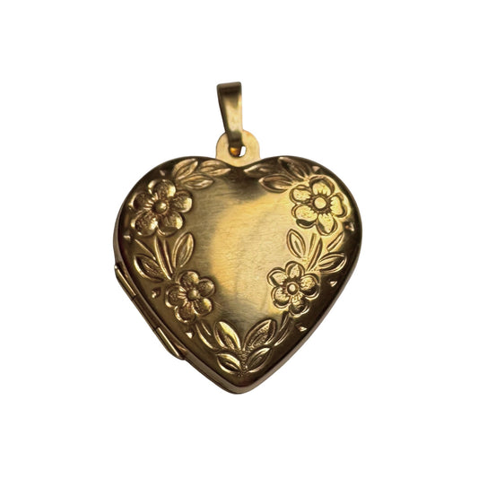E S T A T E // forget me not love / 10k yellow gold floral embossed heart locket / a pendant