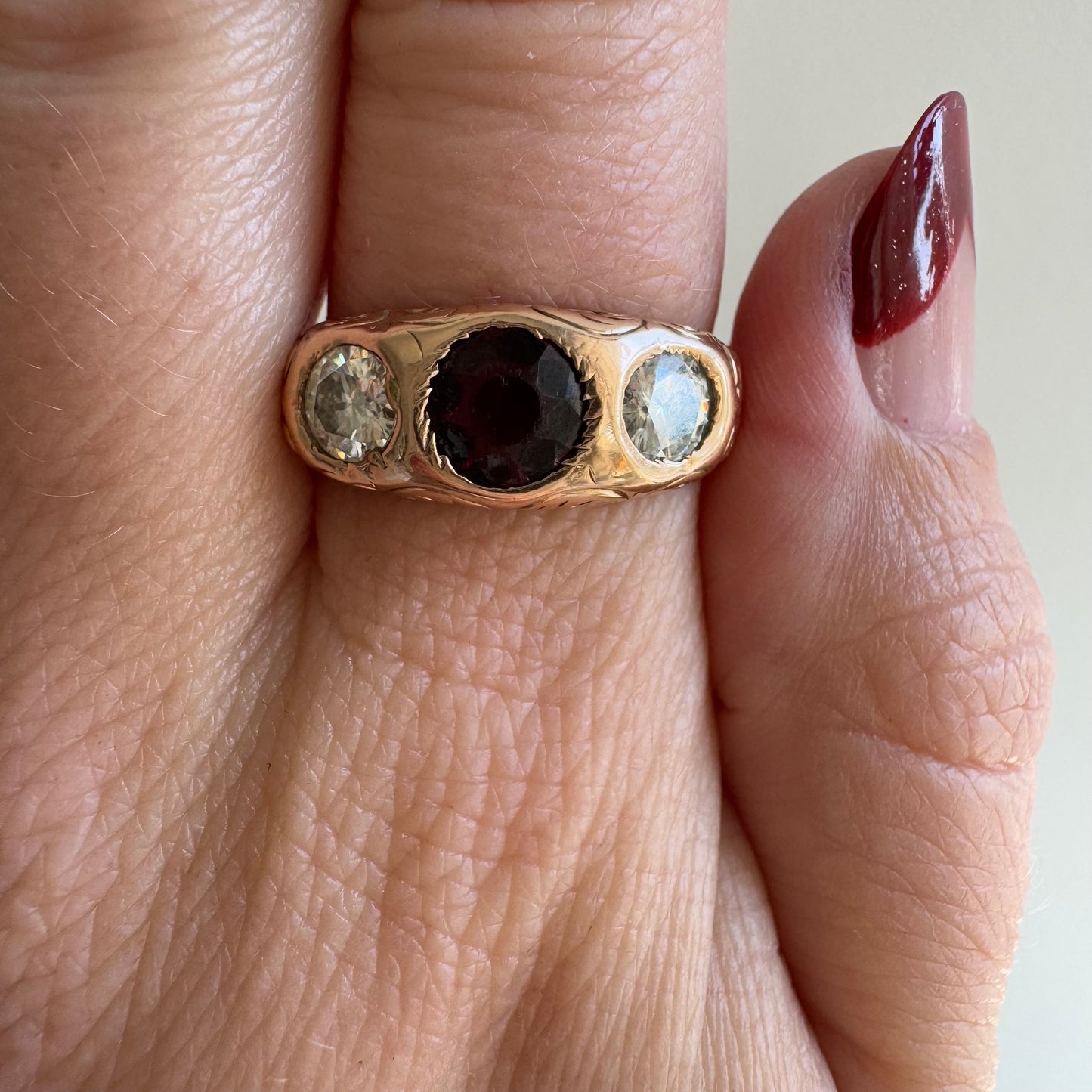 V I N T A G E // trilogy romance / 14k rosy gold with garnet and moissanite / size 8.25