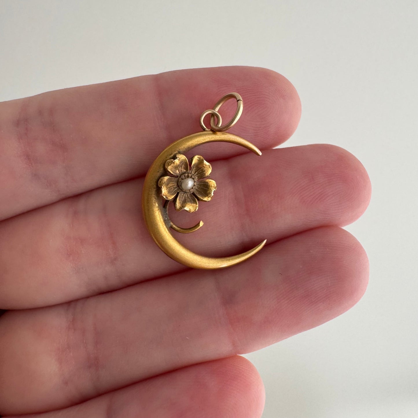 reimagined A N T I Q U E // sweetest bloom / 10k and seed pearl crescent moon and flower / a conversion pendant