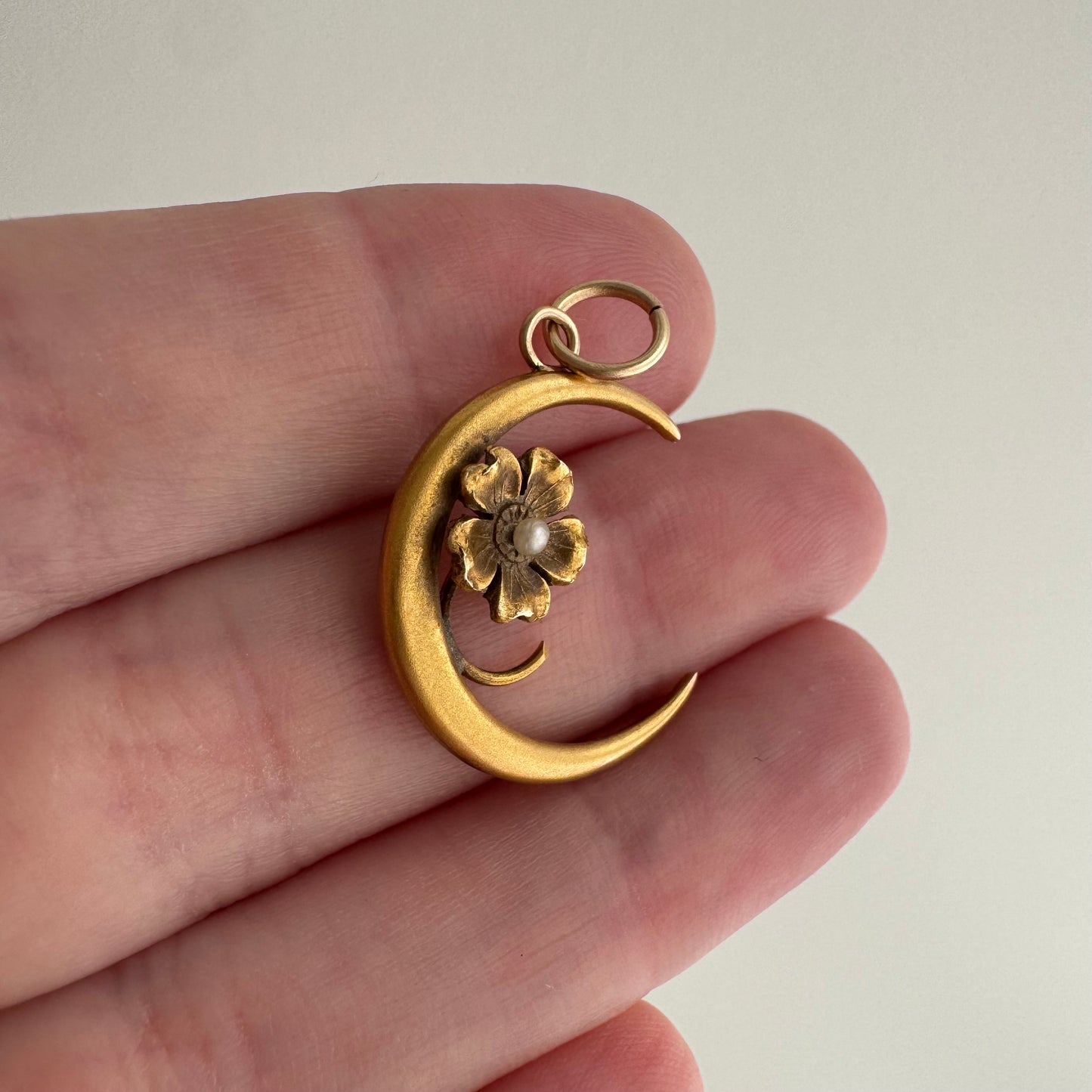 reimagined A N T I Q U E // sweetest bloom / 10k and seed pearl crescent moon and flower / a conversion pendant