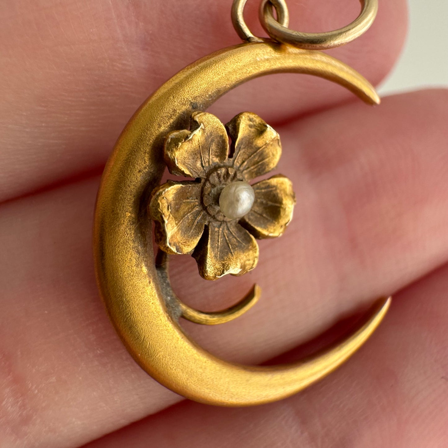 reimagined A N T I Q U E // sweetest bloom / 10k and seed pearl crescent moon and flower / a conversion pendant