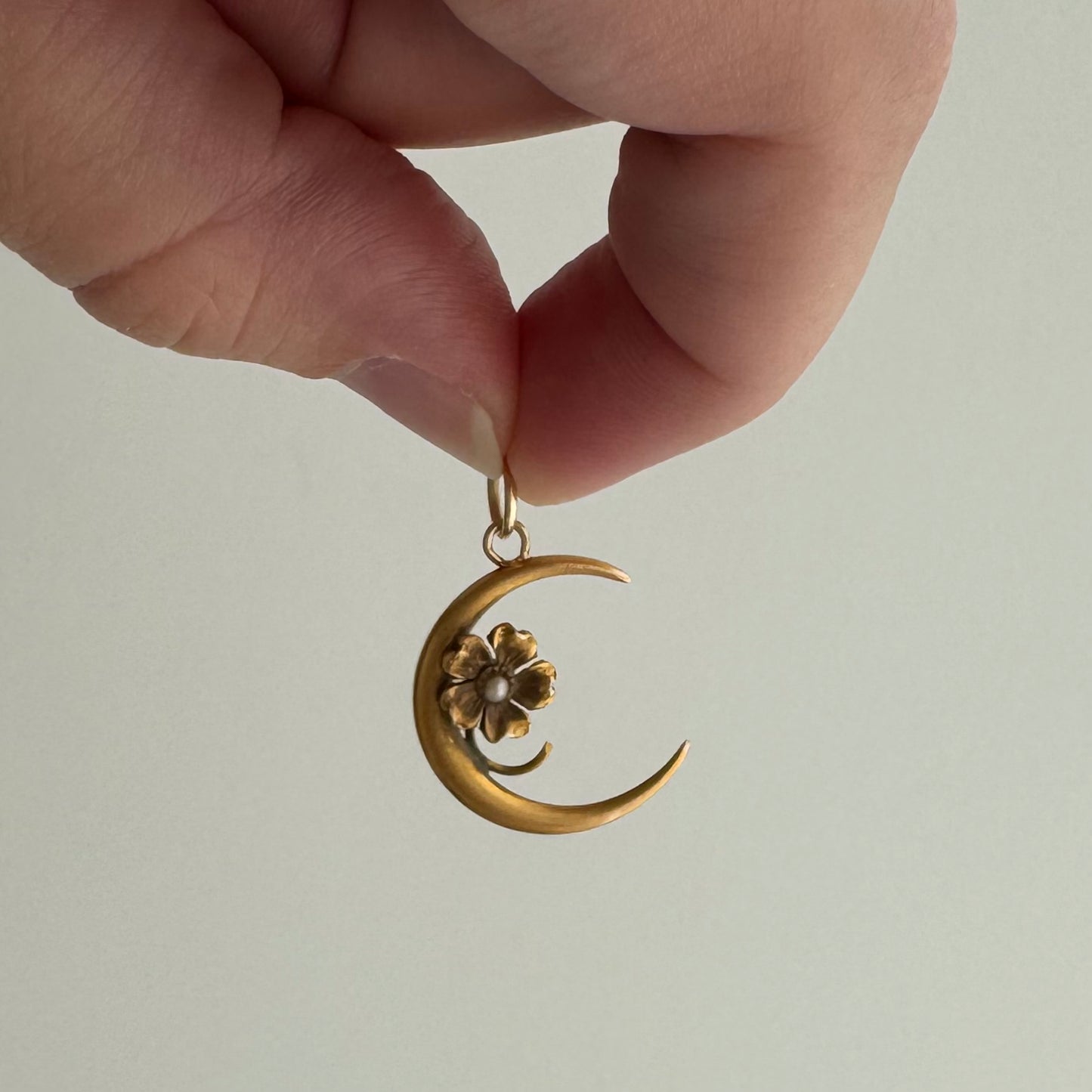 reimagined A N T I Q U E // sweetest bloom / 10k and seed pearl crescent moon and flower / a conversion pendant