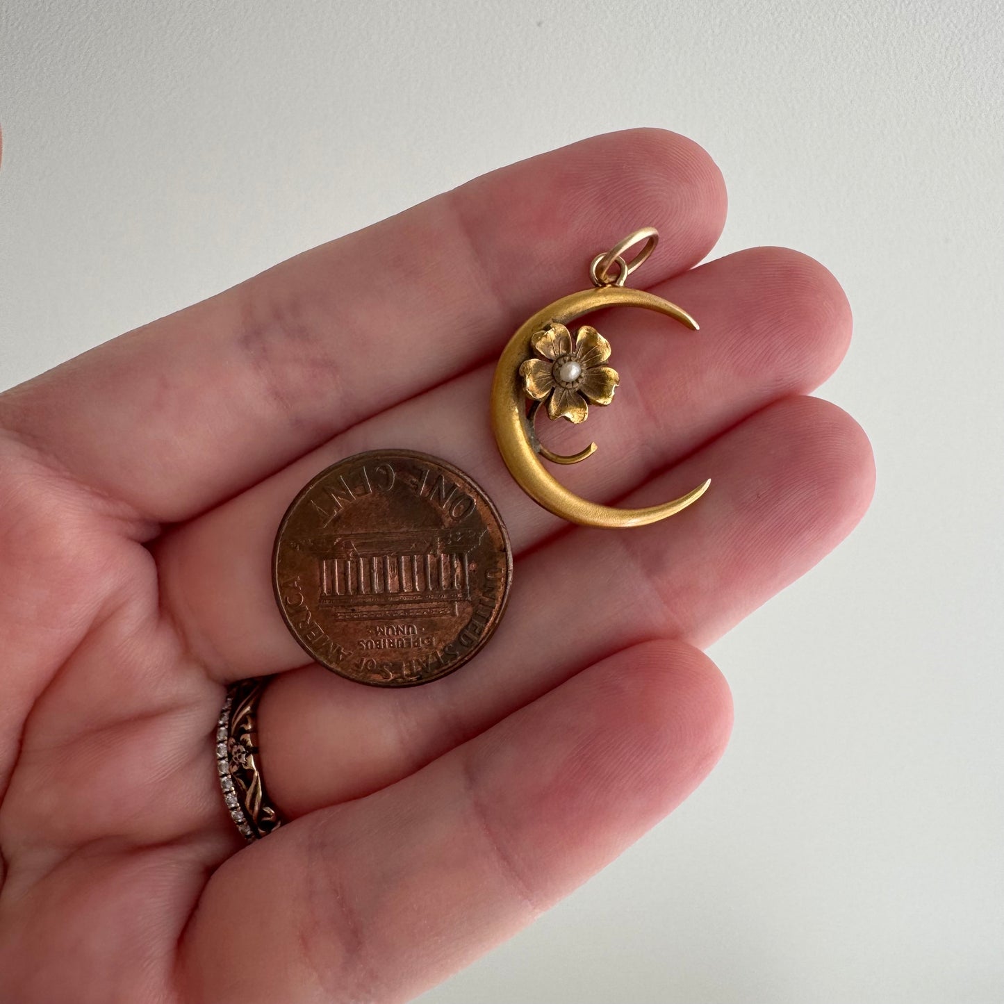 reimagined A N T I Q U E // sweetest bloom / 10k and seed pearl crescent moon and flower / a conversion pendant