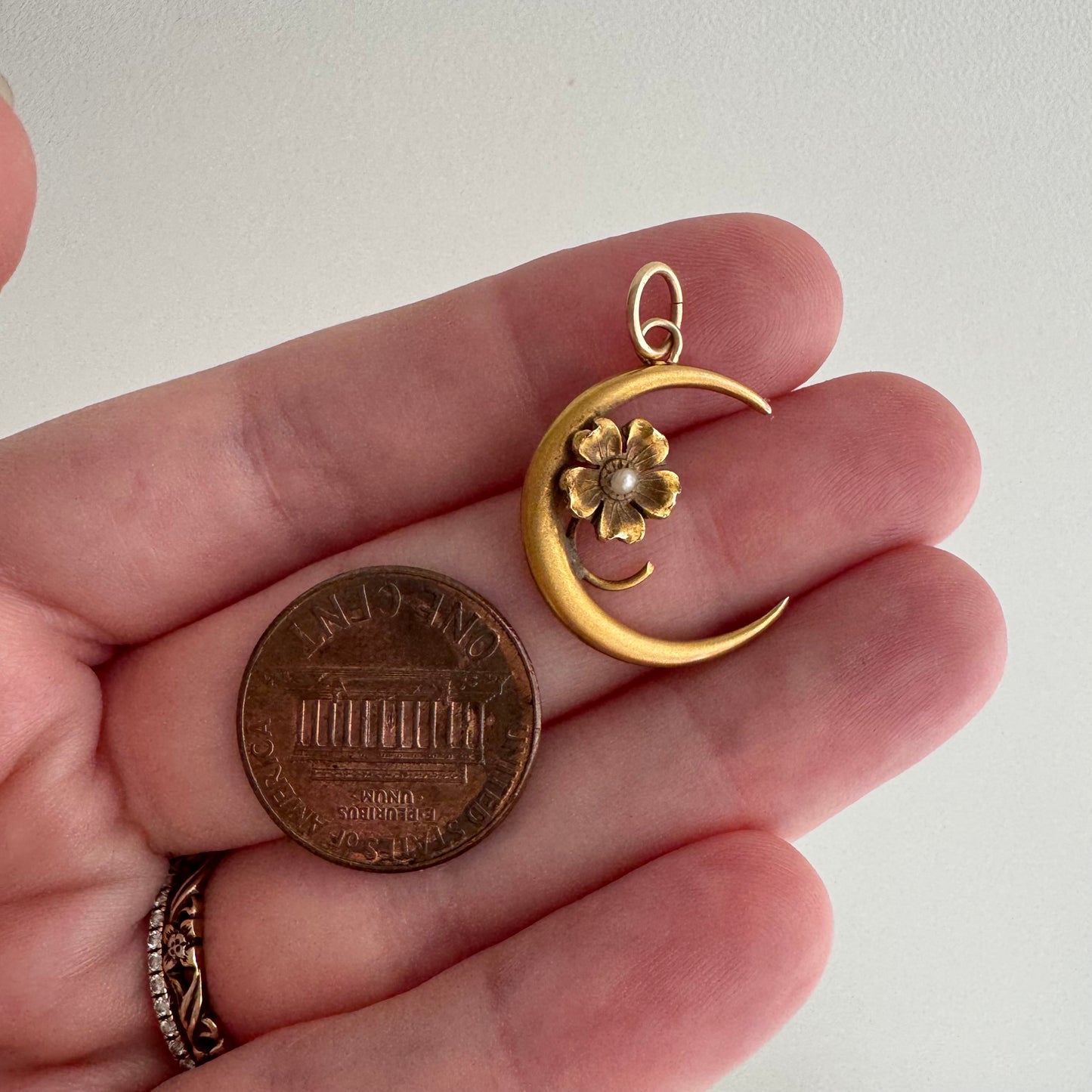 reimagined A N T I Q U E // sweetest bloom / 10k and seed pearl crescent moon and flower / a conversion pendant