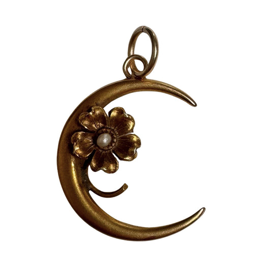 reimagined A N T I Q U E // sweetest bloom / 10k and seed pearl crescent moon and flower / a conversion pendant