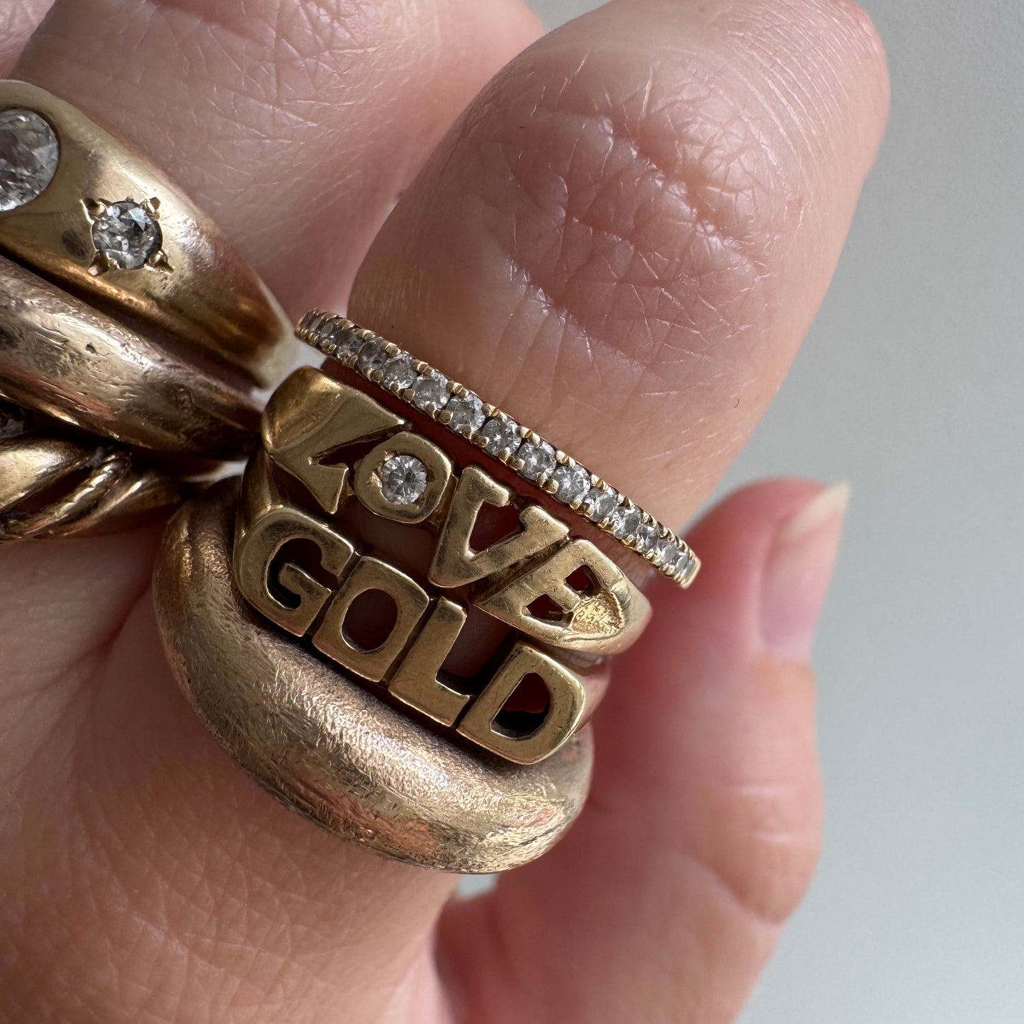 E S T A T E // 18 in a row / 14k yellow pave diamond modern pipe cut half eternity band / size 6.75