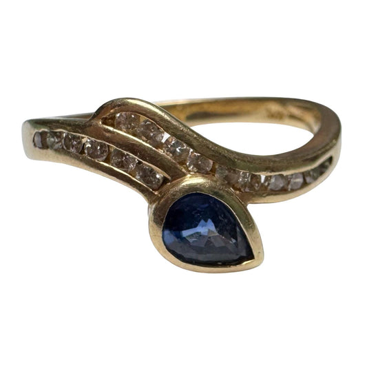 V I N T A G E // sapphire slither / 14k sapphire and diamond curved snake ring / size 6.5