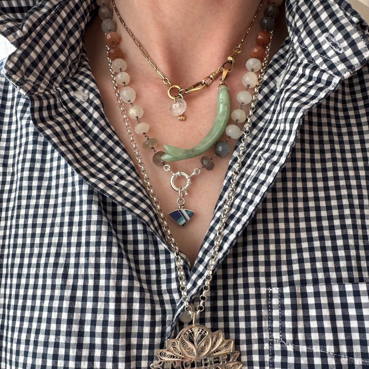 reworked V I N T A G E // sterling silver wire wrapped agate bead chain with charm holder bolt clasp / 19"