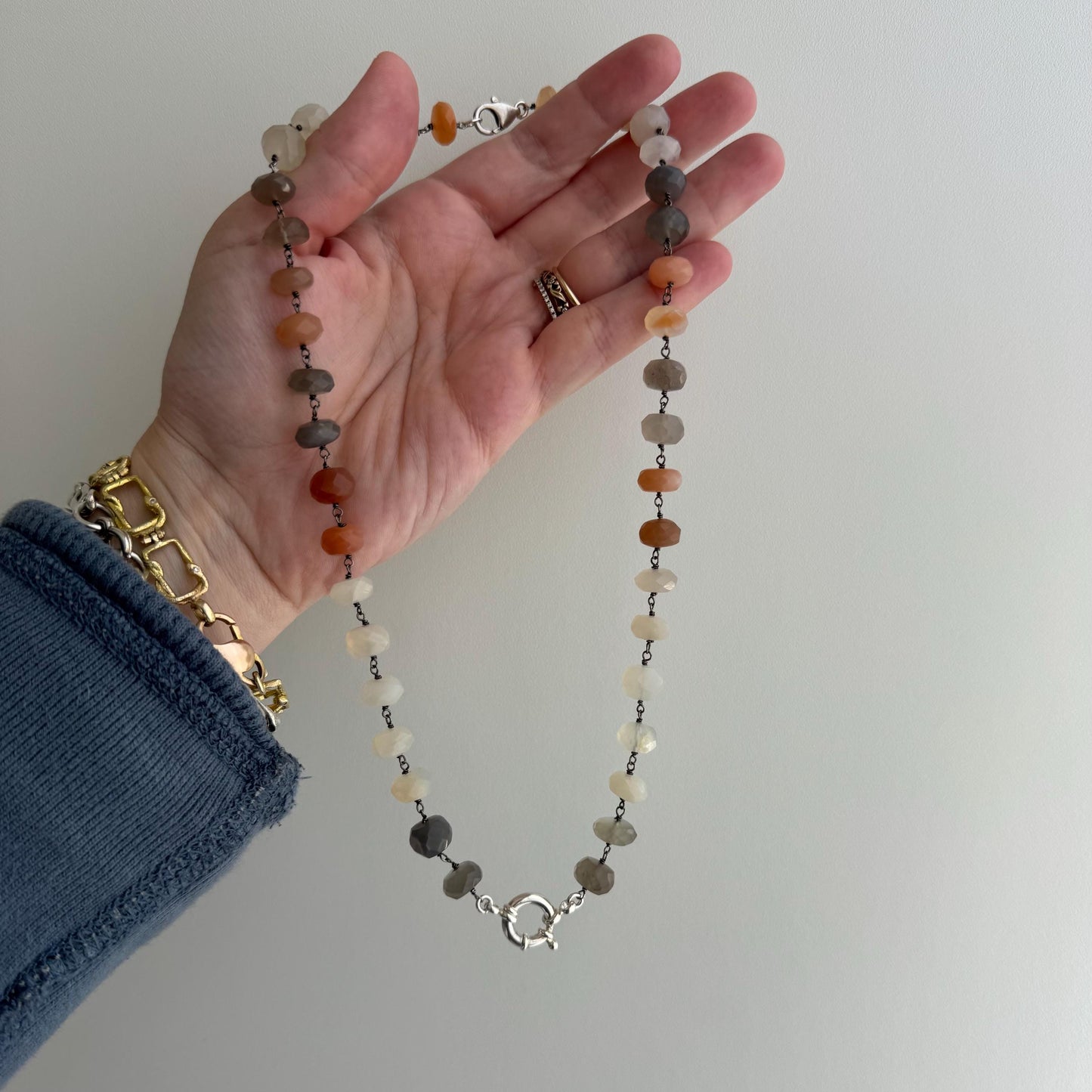 reworked V I N T A G E // sterling silver wire wrapped agate bead chain with charm holder bolt clasp / 19"