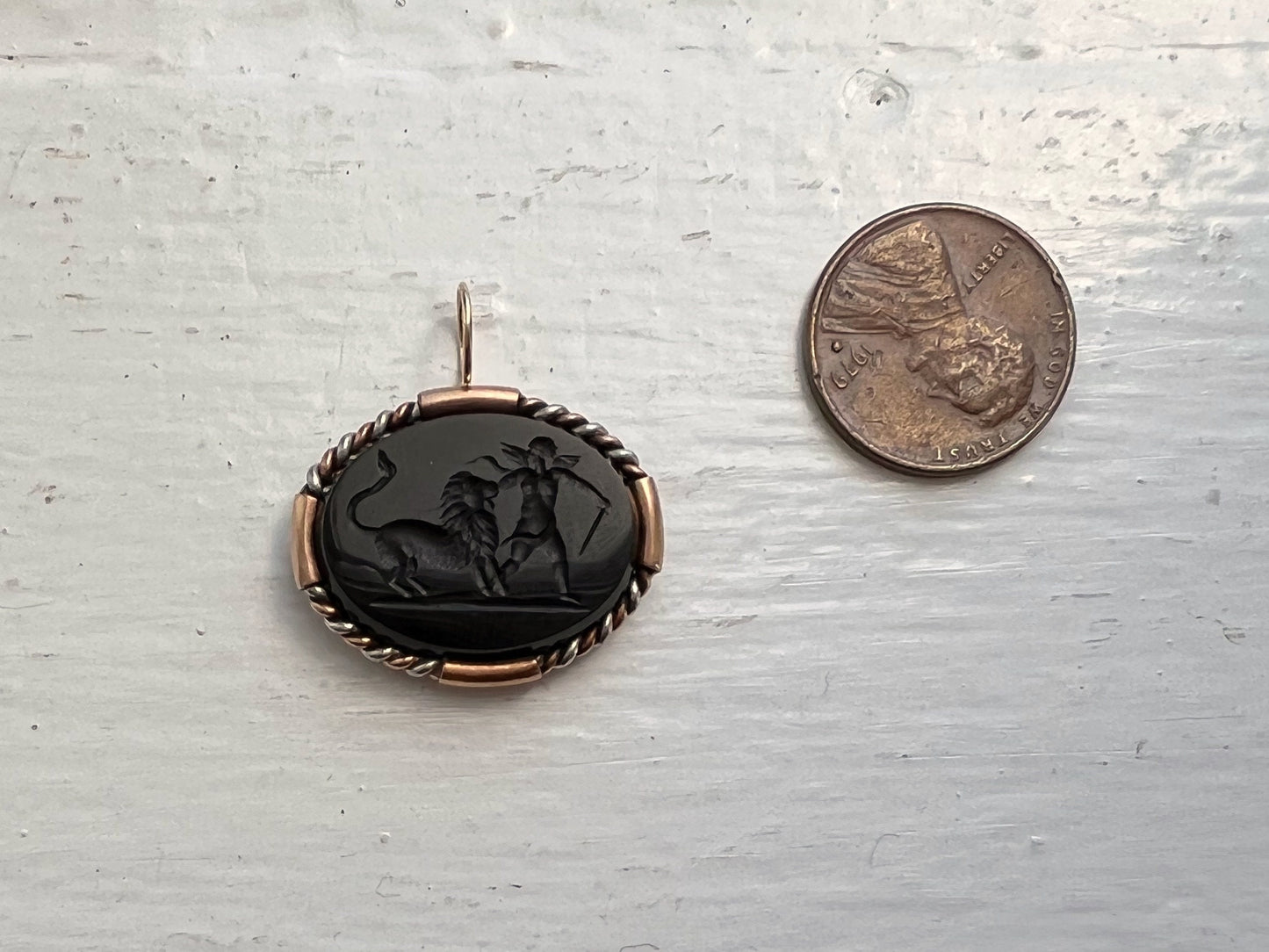 reimagined V I N T A G E // fierce friends / 14k and black stone intaglio / spinner fob conversion / lion and figure with sword