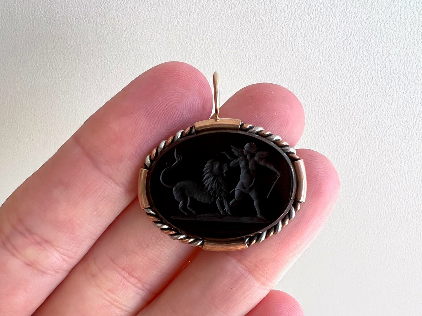 reimagined V I N T A G E // fierce friends / 14k and black stone intaglio / spinner fob conversion / lion and figure with sword