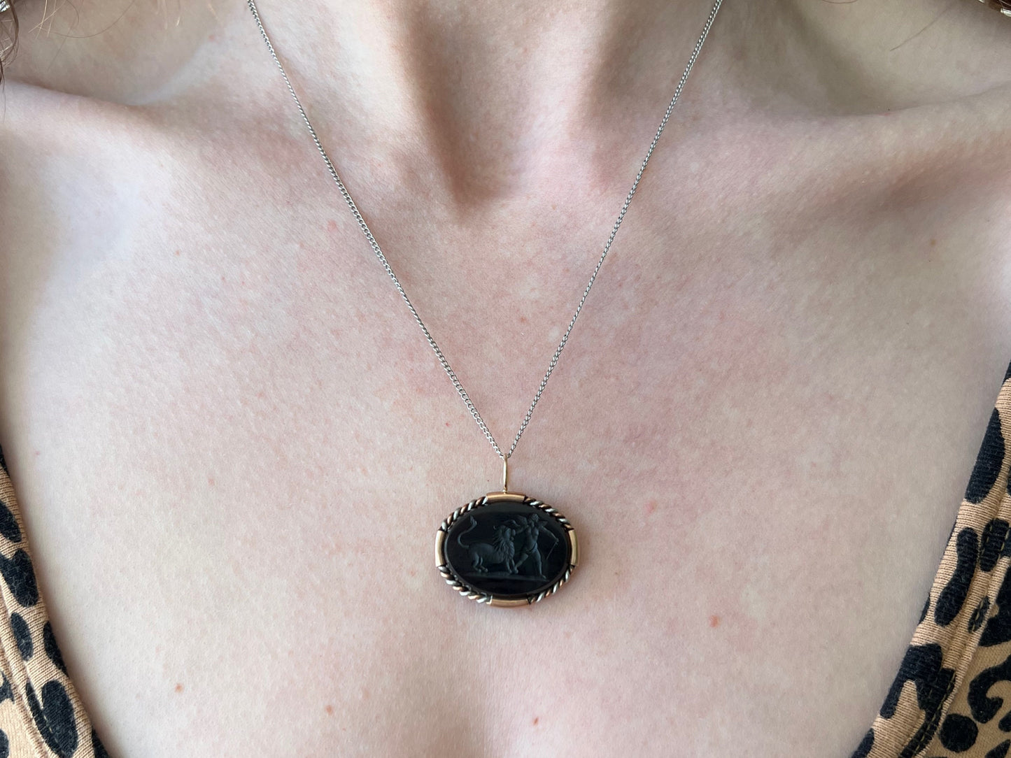 reimagined V I N T A G E // fierce friends / 14k and black stone intaglio / spinner fob conversion / lion and figure with sword